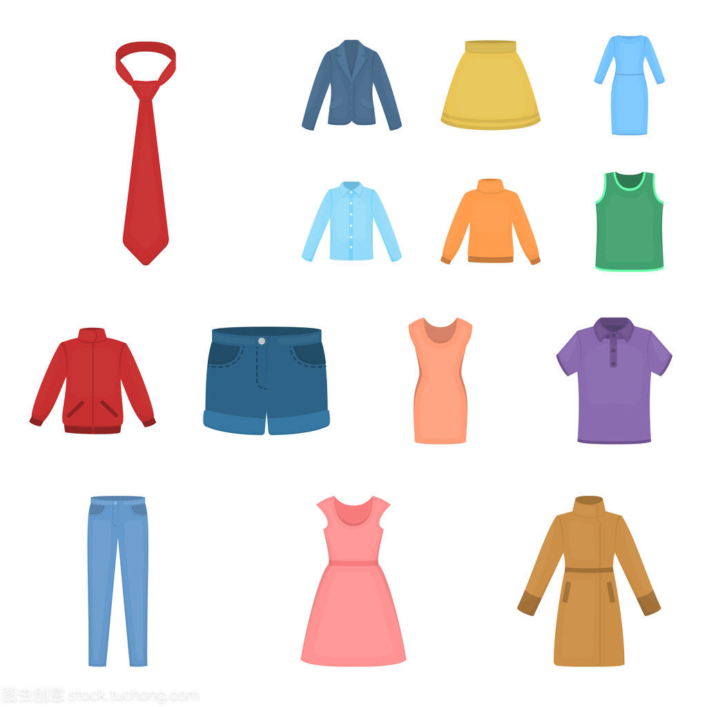 不同種類的服裝卡通圖標(biāo)集為設(shè)計集。服裝和風(fēng)格矢量符號股票網(wǎng)站插圖