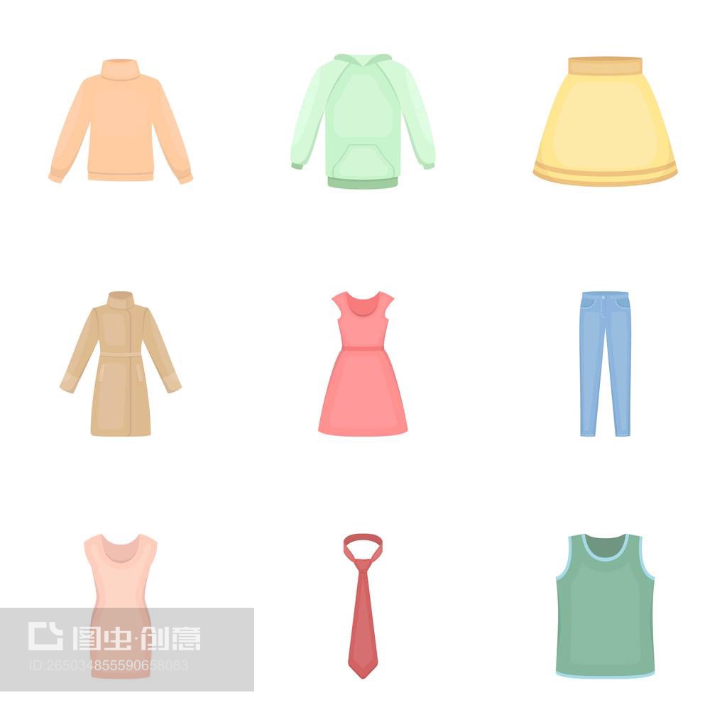 服裝以卡通風(fēng)格設(shè)置圖標(biāo)。服裝矢量符號股票插圖大集合Clothes set icons in cartoon style. Big collection of clothes vector symbol stock illustration
