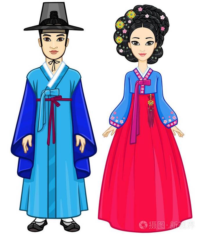 動(dòng)畫肖像年輕的韓國(guó)家庭穿著古老的傳統(tǒng)服裝。 全面增長(zhǎng)。 在白色背景上隔離的矢量插圖。