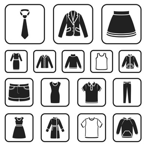 不同類型的衣服黑色的圖標集合中的設(shè)計。服裝和風(fēng)格矢量符號股票網(wǎng)站插圖
